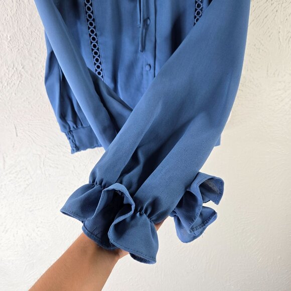 Victorian Buttondown Shirt M Blue Satin Ruffled Bell Sleeve Regency Preppy Top - Picture 6 of 13